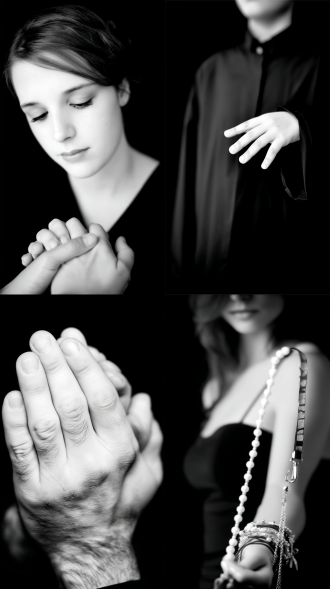 手，大师风格，黑白胶片，暗调背景，柔和侧光，高对比度，中性色调，经典构图，深沉氛围，自然光影，人物特写，微妙阴影，胶片噪点，情感传达，静谧场景，高光细节，深邃表情，艺术摄影，低饱和度，高锐度，柔焦效果，胶片颗粒，暗角效果，情绪张力。