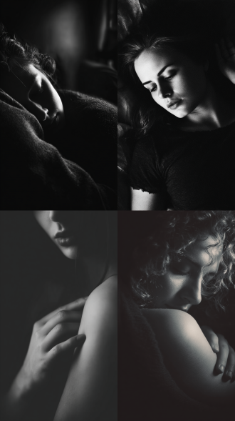 你躺在我的臂弯里，大师风格，黑白胶片，暗调背景，柔和侧光，高对比度，中性色调，经典构图，深沉氛围，自然光影，人物特写，微妙阴影，胶片噪点，情感传达，静谧场景，高光细节，深邃表情，艺术摄影，低饱和度，高锐度，柔焦效果，胶片颗粒，暗角效果，情绪张力。