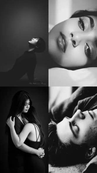 你躺在我的臂弯里，大师风格，黑白胶片，暗调背景，柔和侧光，高对比度，中性色调，经典构图，深沉氛围，自然光影，人物特写，微妙阴影，胶片噪点，情感传达，静谧场景，高光细节，深邃表情，艺术摄影，低饱和度，高锐度，柔焦效果，胶片颗粒，暗角效果，情绪张力。