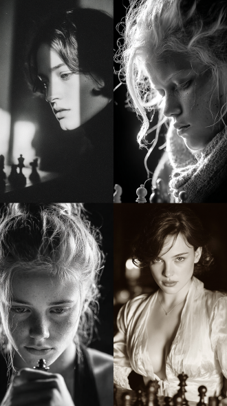 西洋棋和骰子游戏，一个女人，大师风格，黑白胶片，暗调背景，柔和侧光，高对比度，中性色调，经典构图，深沉氛围，自然光影，人物特写，微妙阴影，胶片噪点，情感传达，静谧场景，高光细节，深邃表情，艺术摄影，低饱和度，高锐度，柔焦效果，胶片颗粒，暗角效果，情绪张力。