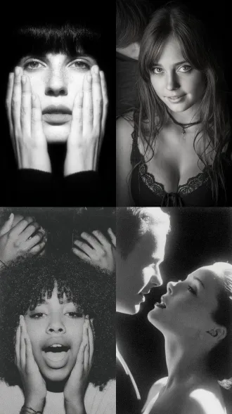 男人，手指，女人，嘴，大师风格，黑白胶片，暗调背景，柔和侧光，高对比度，中性色调，经典构图，深沉氛围，自然光影，人物特写，微妙阴影，胶片噪点，情感传达，静谧场景，高光细节，深邃表情，艺术摄影，低饱和度，高锐度，柔焦效果，胶片颗粒，暗角效果，情绪张力。