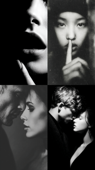 男人，手指，女人，嘴，大师风格，黑白胶片，暗调背景，柔和侧光，高对比度，中性色调，经典构图，深沉氛围，自然光影，人物特写，微妙阴影，胶片噪点，情感传达，静谧场景，高光细节，深邃表情，艺术摄影，低饱和度，高锐度，柔焦效果，胶片颗粒，暗角效果，情绪张力。