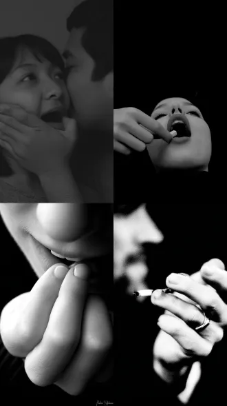 男人，手指，女人，嘴，大师风格，黑白胶片，暗调背景，柔和侧光，高对比度，中性色调，经典构图，深沉氛围，自然光影，人物特写，微妙阴影，胶片噪点，情感传达，静谧场景，高光细节，深邃表情，艺术摄影，低饱和度，高锐度，柔焦效果，胶片颗粒，暗角效果，情绪张力。