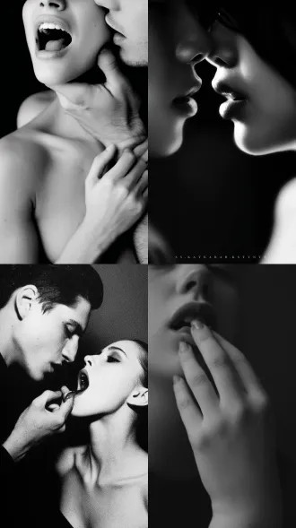 男人，手指，女人，嘴，大师风格，黑白胶片，暗调背景，柔和侧光，高对比度，中性色调，经典构图，深沉氛围，自然光影，人物特写，微妙阴影，胶片噪点，情感传达，静谧场景，高光细节，深邃表情，艺术摄影，低饱和度，高锐度，柔焦效果，胶片颗粒，暗角效果，情绪张力。