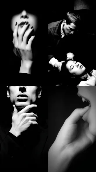 男人，手指，女人，嘴，大师风格，黑白胶片，暗调背景，柔和侧光，高对比度，中性色调，经典构图，深沉氛围，自然光影，人物特写，微妙阴影，胶片噪点，情感传达，静谧场景，高光细节，深邃表情，艺术摄影，低饱和度，高锐度，柔焦效果，胶片颗粒，暗角效果，情绪张力。