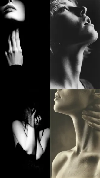 掐，手，女人，脖子，大师风格，黑白胶片，暗调背景，柔和侧光，高对比度，中性色调，经典构图，深沉氛围，自然光影，人物特写，微妙阴影，胶片噪点，情感传达，静谧场景，高光细节，深邃表情，艺术摄影，高锐度，暗角效果，情绪张力。