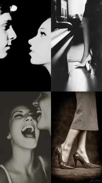 伸女人的脚和男人的舌头，大师风格，黑白胶片，暗调背景，柔和侧光，高对比度，中性色调，经典构图，深沉氛围，自然光影，人物特写，微妙阴影，胶片噪点，情感传达，静谧场景，高光细节，深邃表情，艺术摄影，高锐度，暗角效果，情绪张力。