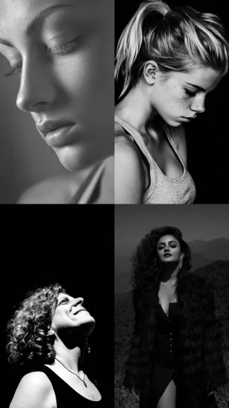 女人，山上，极简风格，大师风格，黑白胶片，暗调背景，柔和侧光，高对比度，中性色调，经典构图，深沉氛围，自然光影，人物特写，微妙阴影，胶片噪点，情感传达，静谧场景，高光细节，深邃表情，艺术摄影，高锐度，暗角效果，情绪张力。