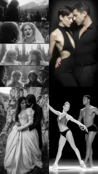 女人和男人跳舞，山上，极简风格，大师风格，黑白胶片，暗调背景，柔和侧光，高对比度，中性色调，经典构图，深沉氛围，自然光影，人物特写，微妙阴影，胶片噪点，情感传达，静谧场景，高光细节，深邃表情，艺术摄影，高锐度，暗角效果，情绪张力。