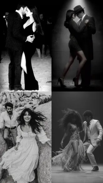 女人和男人跳舞，山上，极简风格，大师风格，黑白胶片，暗调背景，柔和侧光，高对比度，中性色调，经典构图，深沉氛围，自然光影，人物特写，微妙阴影，胶片噪点，情感传达，静谧场景，高光细节，深邃表情，艺术摄影，高锐度，暗角效果，情绪张力。