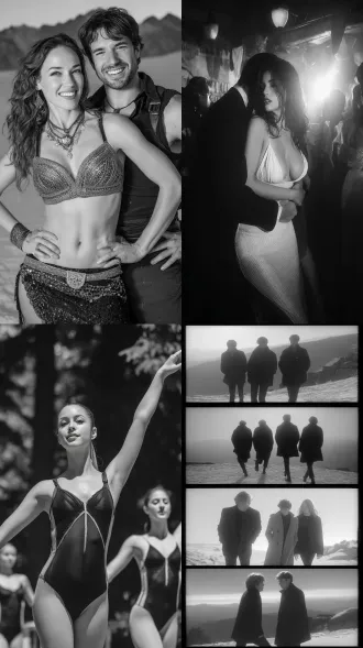 女人和男人跳舞，山上，极简风格，大师风格，黑白胶片，暗调背景，柔和侧光，高对比度，中性色调，经典构图，深沉氛围，自然光影，人物特写，微妙阴影，胶片噪点，情感传达，静谧场景，高光细节，深邃表情，艺术摄影，高锐度，暗角效果，情绪张力。