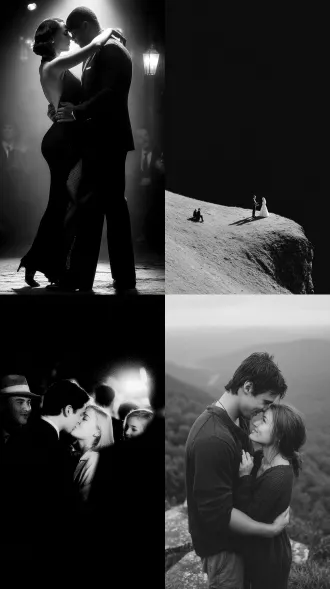 女人和男人跳舞，山上，极简风格，大师风格，黑白胶片，暗调背景，柔和侧光，高对比度，中性色调，经典构图，深沉氛围，自然光影，人物特写，微妙阴影，胶片噪点，情感传达，静谧场景，高光细节，深邃表情，艺术摄影，高锐度，暗角效果，情绪张力。