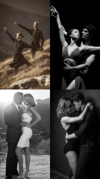 女人和男人跳舞，山上，极简风格，大师风格，黑白胶片，暗调背景，柔和侧光，高对比度，中性色调，经典构图，深沉氛围，自然光影，人物特写，微妙阴影，胶片噪点，情感传达，静谧场景，高光细节，深邃表情，艺术摄影，高锐度，暗角效果，情绪张力。