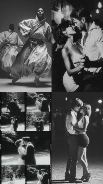 女人和男人跳舞，山上，极简风格，大师风格，黑白胶片，暗调背景，柔和侧光，高对比度，中性色调，经典构图，深沉氛围，自然光影，人物特写，微妙阴影，胶片噪点，情感传达，静谧场景，高光细节，深邃表情，艺术摄影，高锐度，暗角效果，情绪张力。
