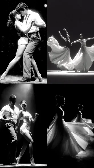 女人和男人跳舞，极简风格，大师风格，黑白胶片，暗调背景，柔和侧光，高对比度，中性色调，经典构图，深沉氛围，自然光影，人物特写，微妙阴影，胶片噪点，情感传达，静谧场景，高光细节，深邃表情，艺术摄影，高锐度，暗角效果，情绪张力。