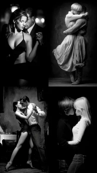 女人和男人跳舞，大师风格，黑白胶片，暗调背景，柔和侧光，高对比度，中性色调，经典构图，深沉氛围，自然光影，人物特写，微妙阴影，胶片噪点，情感传达，静谧场景，高光细节，深邃表情，艺术摄影，高锐度，暗角效果，情绪张力。