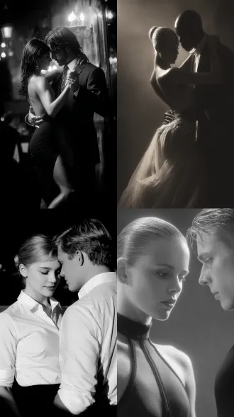 女人和男人跳舞，大师风格，黑白胶片，暗调背景，柔和侧光，高对比度，中性色调，经典构图，深沉氛围，自然光影，人物特写，微妙阴影，胶片噪点，情感传达，静谧场景，高光细节，深邃表情，艺术摄影，高锐度，暗角效果，情绪张力。