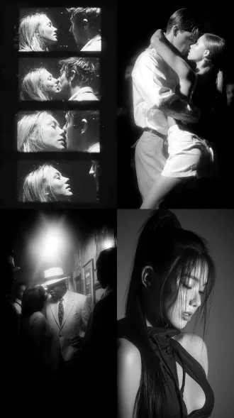 女人和男人跳舞，大师风格，黑白胶片，暗调背景，柔和侧光，高对比度，中性色调，经典构图，深沉氛围，自然光影，人物特写，微妙阴影，胶片噪点，情感传达，静谧场景，高光细节，深邃表情，艺术摄影，高锐度，暗角效果，情绪张力。