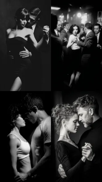 女人和男人跳舞，大师风格，黑白胶片，暗调背景，柔和侧光，高对比度，中性色调，经典构图，深沉氛围，自然光影，人物特写，微妙阴影，胶片噪点，情感传达，静谧场景，高光细节，深邃表情，艺术摄影，高锐度，暗角效果，情绪张力。