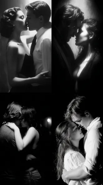 女人和男人跳舞，大师风格，黑白胶片，暗调背景，柔和侧光，高对比度，中性色调，经典构图，深沉氛围，自然光影，人物特写，微妙阴影，胶片噪点，情感传达，静谧场景，高光细节，深邃表情，艺术摄影，高锐度，暗角效果，情绪张力。