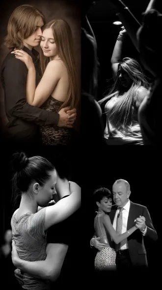 女人和男人跳舞，大师风格，黑白胶片，暗调背景，柔和侧光，高对比度，中性色调，经典构图，深沉氛围，自然光影，人物特写，微妙阴影，胶片噪点，情感传达，静谧场景，高光细节，深邃表情，艺术摄影，高锐度，暗角效果，情绪张力。