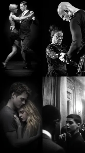 女人和男人跳舞，大师风格，黑白胶片，暗调背景，柔和侧光，高对比度，中性色调，经典构图，深沉氛围，自然光影，人物特写，微妙阴影，胶片噪点，情感传达，静谧场景，高光细节，深邃表情，艺术摄影，高锐度，暗角效果，情绪张力。