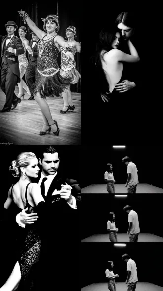 女人和男人跳舞，大师风格，黑白胶片，暗调背景，柔和侧光，高对比度，中性色调，经典构图，深沉氛围，自然光影，人物特写，微妙阴影，胶片噪点，情感传达，静谧场景，高光细节，深邃表情，艺术摄影，高锐度，暗角效果，情绪张力。