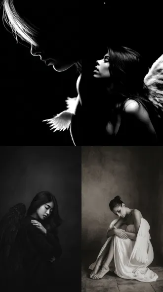女人，天使，翅膀，大师风格，黑白胶片，暗调背景，柔和侧光，高对比度，中性色调，经典构图，深沉氛围，自然光影，人物特写，微妙阴影，胶片噪点，情感传达，静谧场景，高光细节，深邃表情，艺术摄影，高锐度，暗角效果，情绪张力。