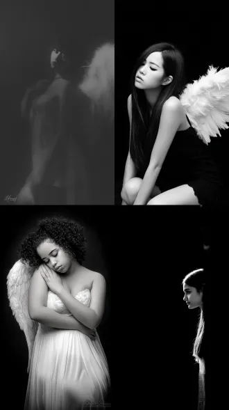 女人，天使，翅膀，大师风格，黑白胶片，暗调背景，柔和侧光，高对比度，中性色调，经典构图，深沉氛围，自然光影，人物特写，微妙阴影，胶片噪点，情感传达，静谧场景，高光细节，深邃表情，艺术摄影，高锐度，暗角效果，情绪张力。