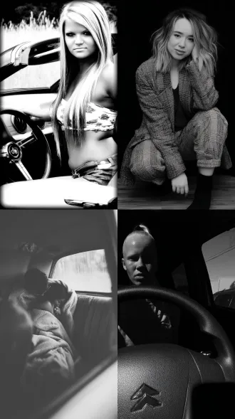 女人，汽车，大师风格，黑白胶片，暗调背景，柔和侧光，高对比度，中性色调，经典构图，深沉氛围，自然光影，人物特写，微妙阴影，胶片噪点，情感传达，静谧场景，高光细节，深邃表情，艺术摄影，高锐度，暗角效果，情绪张力。