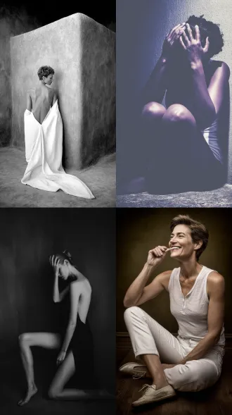 女人，坐在地上，侧面，背靠着墙，双手捂着脸，大师风格，黑白胶片，暗调背景，柔和侧光，高对比度，中性色调，经典构图，深沉氛围，自然光影，人物特写，微妙阴影，胶片噪点，情感传达，静谧场景，高光细节，深邃表情，艺术摄影，高锐度，暗角效果，情绪张力。