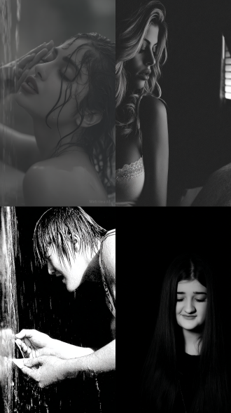 雨中，女人，大师风格，黑白胶片，暗调背景，柔和侧光，高对比度，中性色调，经典构图，深沉氛围，自然光影，人物特写，微妙阴影，胶片噪点，情感传达，静谧场景，高光细节，深邃表情，艺术摄影，高锐度，暗角效果，情绪张力。