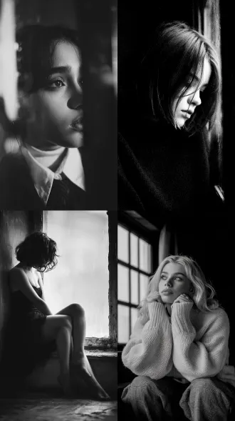 女人坐在窗边，看着窗户外边，大师风格，黑白胶片，暗调背景，柔和侧光，高对比度，中性色调，经典构图，深沉氛围，自然光影，人物特写，微妙阴影，胶片噪点，情感传达，静谧场景，高光细节，深邃表情，艺术摄影，高锐度，暗角效果，情绪张力，8k