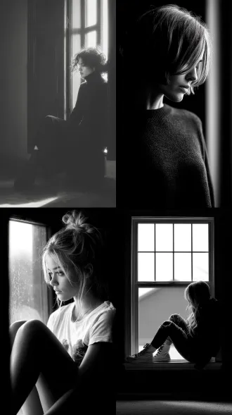 女人坐在窗边，看着窗户外边，大师风格，黑白胶片，暗调背景，柔和侧光，高对比度，中性色调，经典构图，深沉氛围，自然光影，人物特写，微妙阴影，胶片噪点，情感传达，静谧场景，高光细节，深邃表情，艺术摄影，高锐度，暗角效果，情绪张力，8k