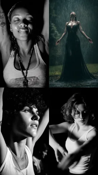 在室外的雨中，女人张开双臂，大师风格，黑白胶片，暗调背景，柔和侧光，高对比度，中性色调，经典构图，深沉氛围，自然光影，人物特写，微妙阴影，胶片噪点，情感传达，静谧场景，高光细节，深邃表情，艺术摄影，高锐度，暗角效果，情绪张力，8k