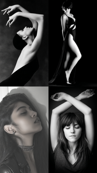 女人，跳舞，大师风格，黑白胶片，暗调背景，柔和侧光，高对比度，中性色调，经典构图，深沉氛围，自然光影，人物特写，微妙阴影，胶片噪点，情感传达，静谧场景，高光细节，深邃表情，艺术摄影，高锐度，暗角效果，情绪张力。8k