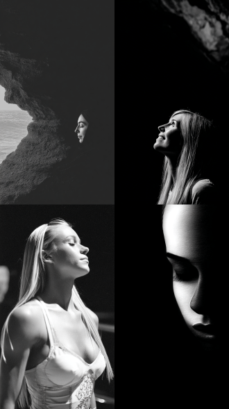 女人，悬崖，飞翔，大师风格，黑白胶片，暗调背景，柔和侧光，高对比度，中性色调，经典构图，深沉氛围，自然光影，人物特写，微妙阴影，胶片噪点，情感传达，静谧场景，高光细节，深邃表情，艺术摄影，高锐度，暗角效果，情绪张力。8k