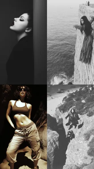 女人，悬崖，飞翔，大师风格，黑白胶片，暗调背景，柔和侧光，高对比度，中性色调，经典构图，深沉氛围，自然光影，人物特写，微妙阴影，胶片噪点，情感传达，静谧场景，高光细节，深邃表情，艺术摄影，高锐度，暗角效果，情绪张力。8k