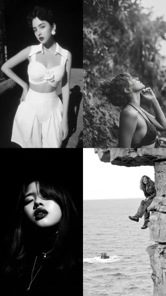 女人，悬崖，飞翔，大师风格，黑白胶片，暗调背景，柔和侧光，高对比度，中性色调，经典构图，深沉氛围，自然光影，人物特写，微妙阴影，胶片噪点，情感传达，静谧场景，高光细节，深邃表情，艺术摄影，高锐度，暗角效果，情绪张力。8k