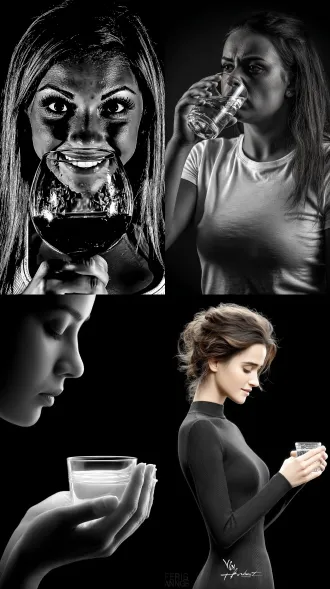 年轻女人举着杯子，喝酒，大师风格，黑白胶片，暗调背景，柔和侧光，高对比度，中性色调，经典构图，深沉氛围，自然光影，人物特写，微妙阴影，胶片噪点，情感传达，静谧场景，高光细节，深邃表情，艺术摄影，高锐度，暗角效果，情绪张力。8k