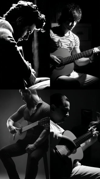 男人，吉他，大师风格，黑白胶片，暗调背景，柔和侧光，高对比度，中性色调，经典构图，深沉氛围，自然光影，人物特写，微妙阴影，胶片噪点，情感传达，静谧场景，高光细节，深邃表情，艺术摄影，高锐度，暗角效果，情绪张力。8k