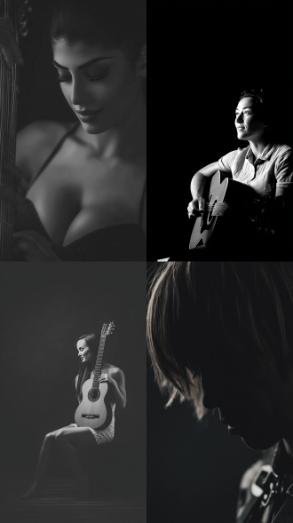 女人，吉他，大师风格，黑白胶片，暗调背景，柔和侧光，高对比度，中性色调，经典构图，深沉氛围，自然光影，人物特写，微妙阴影，胶片噪点，情感传达，静谧场景，高光细节，深邃表情，艺术摄影，高锐度，暗角效果，情绪张力。8k
