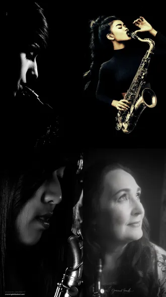 女人，萨克斯，大师风格，黑白胶片，暗调背景，柔和侧光，高对比度，中性色调，经典构图，深沉氛围，自然光影，人物特写，微妙阴影，胶片噪点，情感传达，静谧场景，高光细节，深邃表情，艺术摄影，高锐度，暗角效果，情绪张力。8k