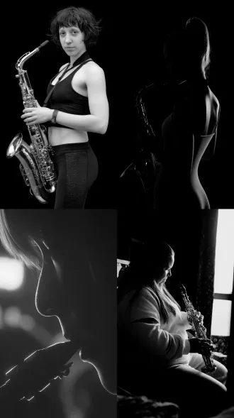 女人，萨克斯，大师风格，黑白胶片，暗调背景，柔和侧光，高对比度，中性色调，经典构图，深沉氛围，自然光影，人物特写，微妙阴影，胶片噪点，情感传达，静谧场景，高光细节，深邃表情，艺术摄影，高锐度，暗角效果，情绪张力。8k