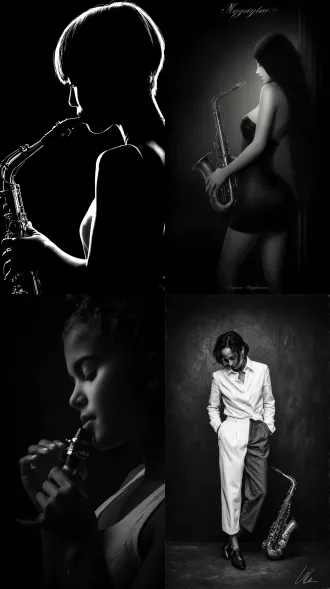 女人，萨克斯，大师风格，黑白胶片，暗调背景，柔和侧光，高对比度，中性色调，经典构图，深沉氛围，自然光影，人物特写，微妙阴影，胶片噪点，情感传达，静谧场景，高光细节，深邃表情，艺术摄影，高锐度，暗角效果，情绪张力。8k