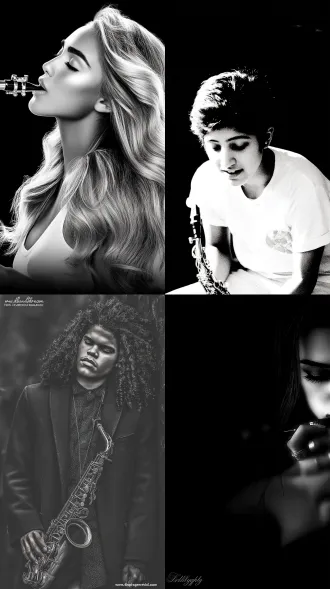 女人，萨克斯，大师风格，黑白胶片，暗调背景，柔和侧光，高对比度，中性色调，经典构图，深沉氛围，自然光影，人物特写，微妙阴影，胶片噪点，情感传达，静谧场景，高光细节，深邃表情，艺术摄影，高锐度，暗角效果，情绪张力。8k