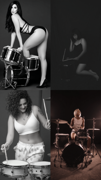 女人，架子鼓，大师风格，黑白胶片，暗调背景，柔和侧光，高对比度，中性色调，经典构图，深沉氛围，自然光影，人物特写，微妙阴影，胶片噪点，情感传达，静谧场景，高光细节，深邃表情，艺术摄影，高锐度，暗角效果，情绪张力。8k