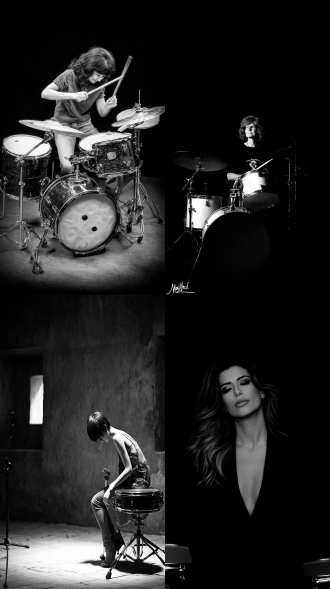 女人，架子鼓，大师风格，黑白胶片，暗调背景，柔和侧光，高对比度，中性色调，经典构图，深沉氛围，自然光影，人物特写，微妙阴影，胶片噪点，情感传达，静谧场景，高光细节，深邃表情，艺术摄影，高锐度，暗角效果，情绪张力。8k