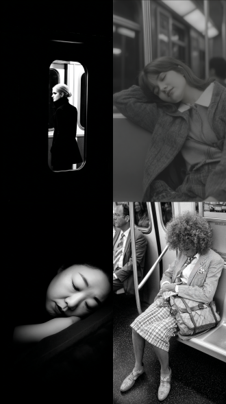 女人，地铁，大师风格，黑白胶片，暗调背景，柔和侧光，高对比度，中性色调，经典构图，深沉氛围，自然光影，人物特写，微妙阴影，胶片噪点，情感传达，静谧场景，高光细节，深邃表情，艺术摄影，高锐度，暗角效果，情绪张力。8k