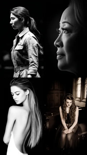 女人，游戏，大师风格，黑白胶片，暗调背景，柔和侧光，高对比度，中性色调，经典构图，深沉氛围，自然光影，人物特写，微妙阴影，胶片噪点，情感传达，静谧场景，高光细节，深邃表情，艺术摄影，高锐度，暗角效果，情绪张力。8k